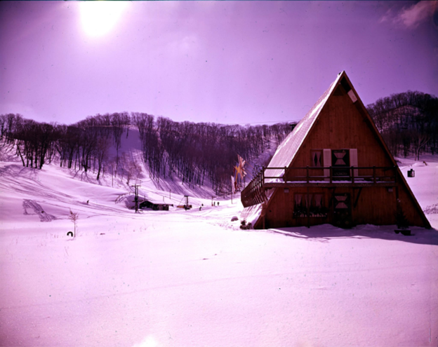 A film picture of Mt. La Crosse chalet before any remodels.